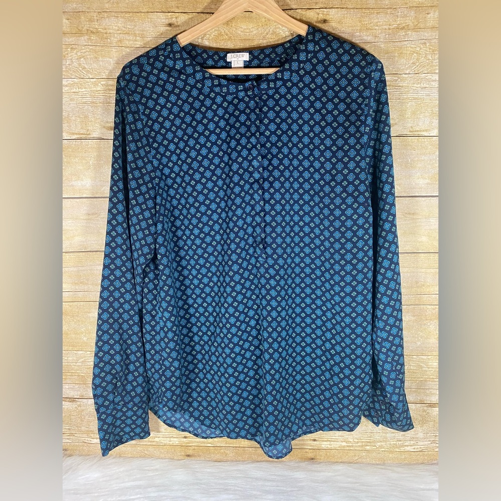 J. Crew Henley Blouse Top Long Sleeve Navy Green Printed Size L Womens